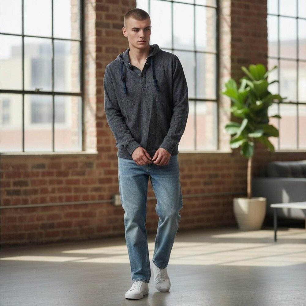Ruff Hewn Long-Sleeve Pullover Hoodie Large Gray Herringbone Cotton Men Size L